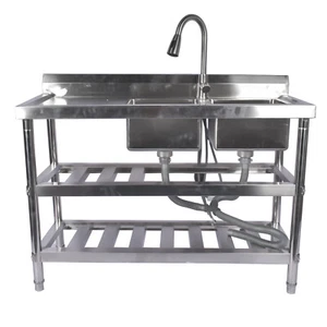 47.2" Stainless Steel Double Bowl Utility Sink with Pull-Out Faucet & Drainboard - Picture 1 of 11