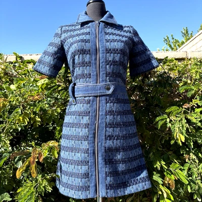 Edit Jason Wu XS Blue Tweed Denim Multi Belted Front Zip Short Sleeve Mini Dress - Image 1 of 4