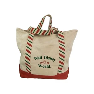 Vintage Disney World Tote Bag Canvas 1971 Christmas Red Green Candy Cane Stripe - Picture 1 of 24