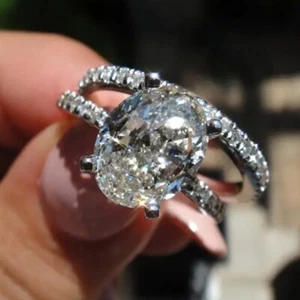 2.30 CTW Oval Cut Moissanite Bridal Wedding Band Ring Set 14K White Gold Plated - Picture 1 of 9