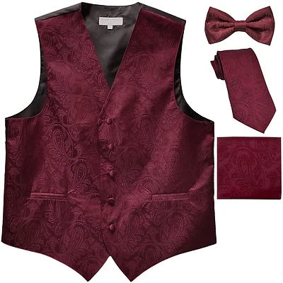 New Men's Paisley Tuxedo Vest Waistcoat & necktie & Bow tie & Hankie Burgundy - Image 1 of 4