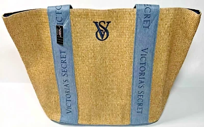 Victoria Secret Straw Beach Tote Bag Large Weekender Travel Logo Blue Beige NIP - Image 1 of 2