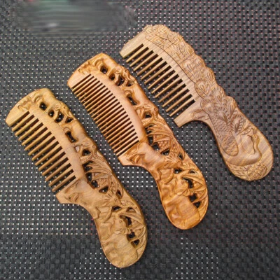 Creative Green Sandalwood Comb Two-sided Carving Wood Combs Home Accessories 1pc - Image 1 of 4
