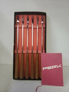 PERK  Vintage FONDUE FORK SET - 6 Piece - Japan Mid-Century Stainless Teak Wood - Picture 1 of 4