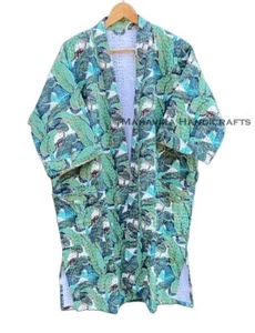 women winter wear Leaf Print Green Indian 100% cotton kantha mid length Jacket - Picture 1 of 4