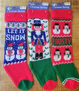 3 Vtg NEW Knit Christmas Stockings Cuffed Let it Snow Snowman Nutcracker Frosty - Picture 1 of 5