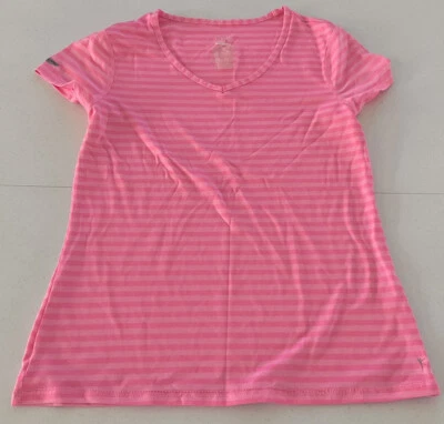 Women’s Danskin Now Sz M (8/10) Semi Fitted Dri More Pink Striped Top VNeck Neon - Image 1 of 4