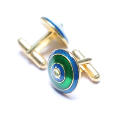 Gemelos de plata de ley 925 azul verde esmalte forma redonda circón cúbico oro Foto 1 de 4