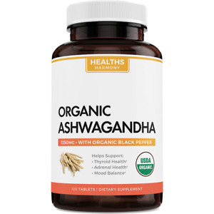 Organic Ashwagandha Capsules 1350mg 120 Tablets with Black Pepper Root Powder
