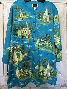 Maggie Barnes Vintage Beaded Turquoise Cardigan Sailboat & Palms Top Size 2XL - Picture 1 of 10