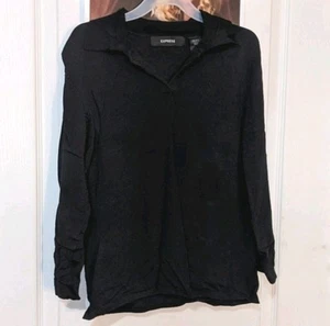 Express Black Collared 3/4 Quarter Sleeves V Neck Blouse Top Shirt Medium - Picture 1 of 4