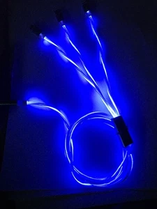 Light Up 3 in 1 USB Charging Phone Cable Universal C , Micro & iPhone Neon Blue - Picture 1 of 4