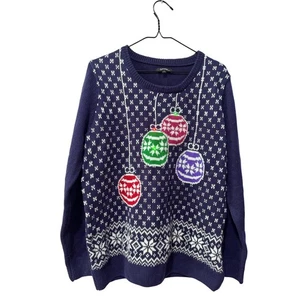 Light up  Womens Ugly Christmas Sweater Ornaments Snowflake Knit Navy Blue L/G - Foto 1 di 5