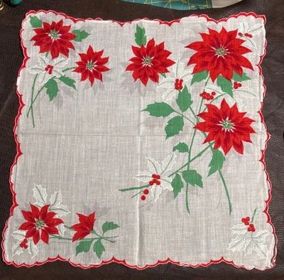 Vintage Handkerchief Hanky Christmas Red Green Flowers and finished border - Image 1 of 2