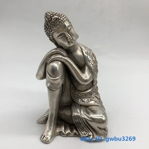 Antiguo Tíbet chino plata tallada a mano budismo tibetano sueño buda estatua 20949 - Imagen 1 de 7