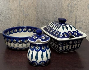 Juego de cerámica polaca Bolesławiec - Tazón, plato de mantequilla, olla de miel/mermelada - ojo de pavo real - Imagen 1 de 11
