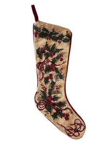 Calza natalizia vintage vittoriana punto ago agrifoglio e nastri retro velluto rosso 22" - Foto 1 di 6