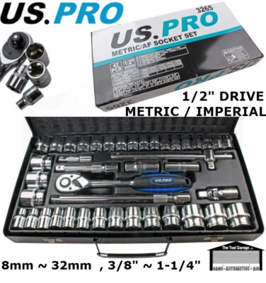US PRO Tools 42pc 1/2" dr Socket Set Metric / AF Imperial, 6pt, Ratchet etc 3265 - Image 1 of 4