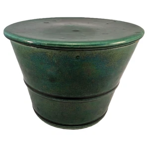 Antique Japanese Awaji Pottery Green Lidded Jar Marked Kintsugi Gold Repair - Picture 1 of 19