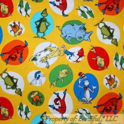 BonEful Fabric FQ Cotton Quilt Yellow Dr Seuss Baby Cat in the Hat Fox Grinch US - Image 1 of 4