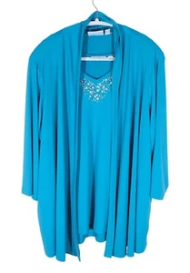 SUSAN GRAVER Turquoise Liquid Knit Cardigan & Embellished Shell Set Size 2X - Picture 1 of 10