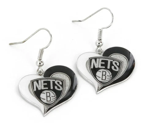 Brooklyn Nets Basketball Logo NBA Heart Swirl Charm Dangle Earrings Set Cover