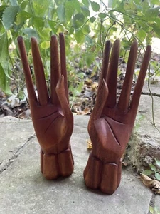 Vtg? Wood Hand Jewelry Ring Holder Display Buddha Prayer Hand Sculpture Set Of 2 - Picture 1 of 16