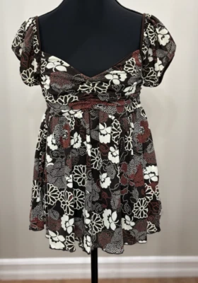 Vintage Y2K Rampage Medium Brown Floral Mesh Fairy Babydoll Cap Short Sleeve - Image 1 of 4