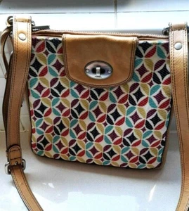 FOSSIL - Brown Leather Crossbody Bag Multicoloured Fabric Pattern Detail - Picture 1 of 12