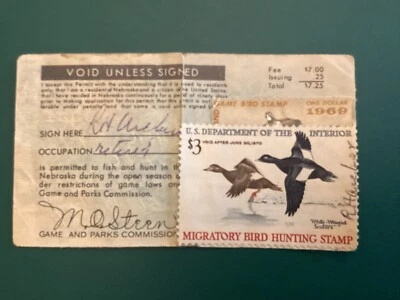 ICOLLECTZONE US RW36 Duck stamp 1969 & Nebraska Hunting stamp on license bright - Image 1 of 2