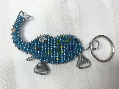 Wire Wrapped Blue Glass Beaded Elephant Silver Tone Keychain Handmade - Image 1 of 4