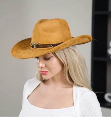 Sombrero de gamuza vaquero occidental ala ancha nuevo con etiquetas para mujer cinturón de banda extraíble Foto 1 de 4