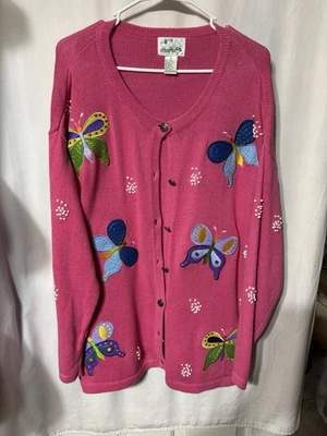 Quacker Factory Sweater w/Butterflies Cardigan Women's Size 1X Pink - Image 1 of 4