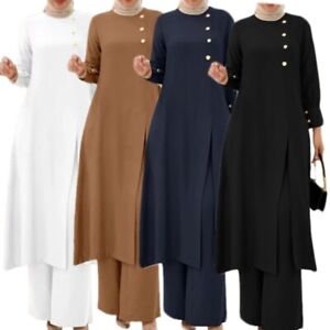 2PCS Muslim Islamic Abaya Women Spring Blouse Tops Pants Casual Shirts Dress