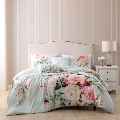 Bebejan Rose on Misty Green Cotton 5 Piece Reversible Comforter Set - Queen