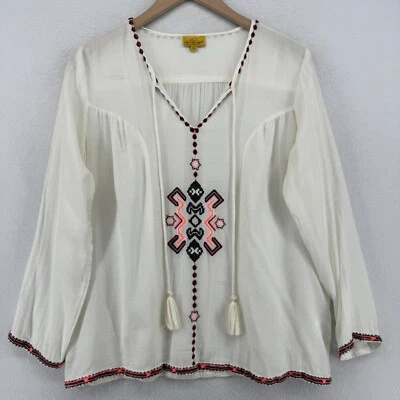 ROBERTA ROLLER RABBIT Top S Southwestern Tassel Tie Crepe Cotton Viscose White - Image 1 of 4