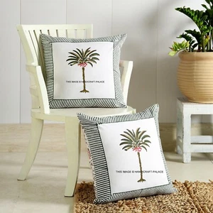 2 PC Cotton Cushion Cover Palm Tree Hand Block Printed Decorative Pillow Covers - Picture 1 of 4