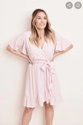 Vestido LC Lauren Conrad Cinturón Flutter Manga Corta Cuello en V Rosa Rayas XS  Foto 1 de 4