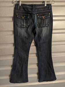 Hybrid & Co blue stitched boot cut spandex denim jeans Size 7 Button Accent - Picture 1 of 6