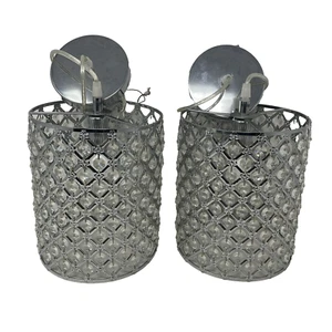 Crystal Pendant Light Fixture Set Lot of 2 Silver Hanging Drum Shades Lamps - Picture 1 of 11