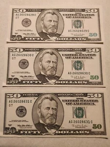 3 (THREE) $50 (FIFTY) DOLLAR BILLS-SEQUENTIAL-CRISP-1996 - Picture 1 of 2
