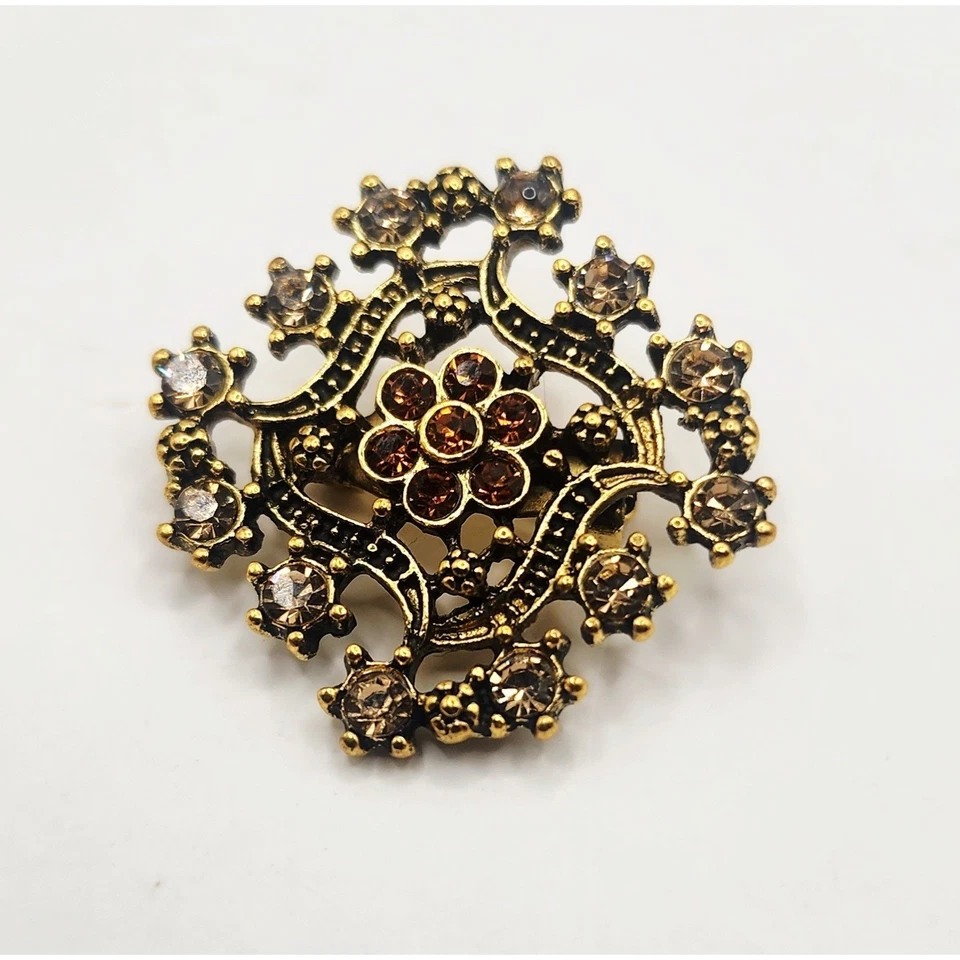 Broche vintage ornamentado diseño de flores de diamantes de imitación antiguo tono dorado prendedor Foto 1 de 4