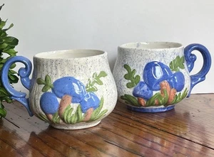 Vintage Rare Blue Ceramic Merry MUSHROOM Coffee Tea Mugs Cups~ 2pcs - Picture 1 of 12