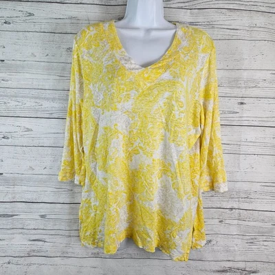 Top de lino para mujer Chicos talla XL amarillo blanco manga 3/4 cuello en V Foto 1 de 4