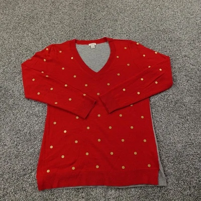 J Crew Sweater Womens S Red Gray Polka Dot Merino Wool Pullover V Neck Cozy Soft - Image 1 of 4