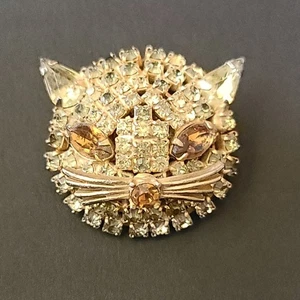 Broche prendedor cara gato gatito blanco de colección pedrería citrino y topacio tono dorado - Imagen 1 de 16