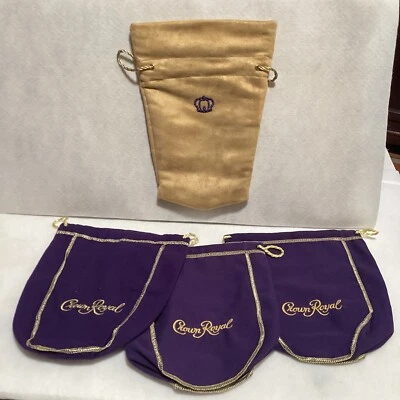 Crown Royal 罕见滑铁卢毛毡棕褐色包和 3 个紫色抽绳袋空袋 — 第 1/4 张图片