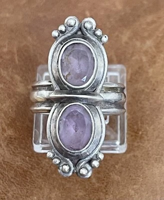 Anel vintage de prata esterlina 925 artesanal duplo natural de pedra de ametista tamanho 8 - Imagem 1 de 4