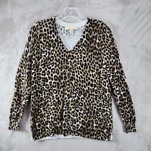 Michael Kors Sweater Leopard Print V-Neck Long Sleeve Knit Size L Mobwife Animal - Picture 1 of 6
