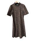 Downeast Stretch Knit Leopard Print Dress Ruffle Mock Neck Medium Brown Black